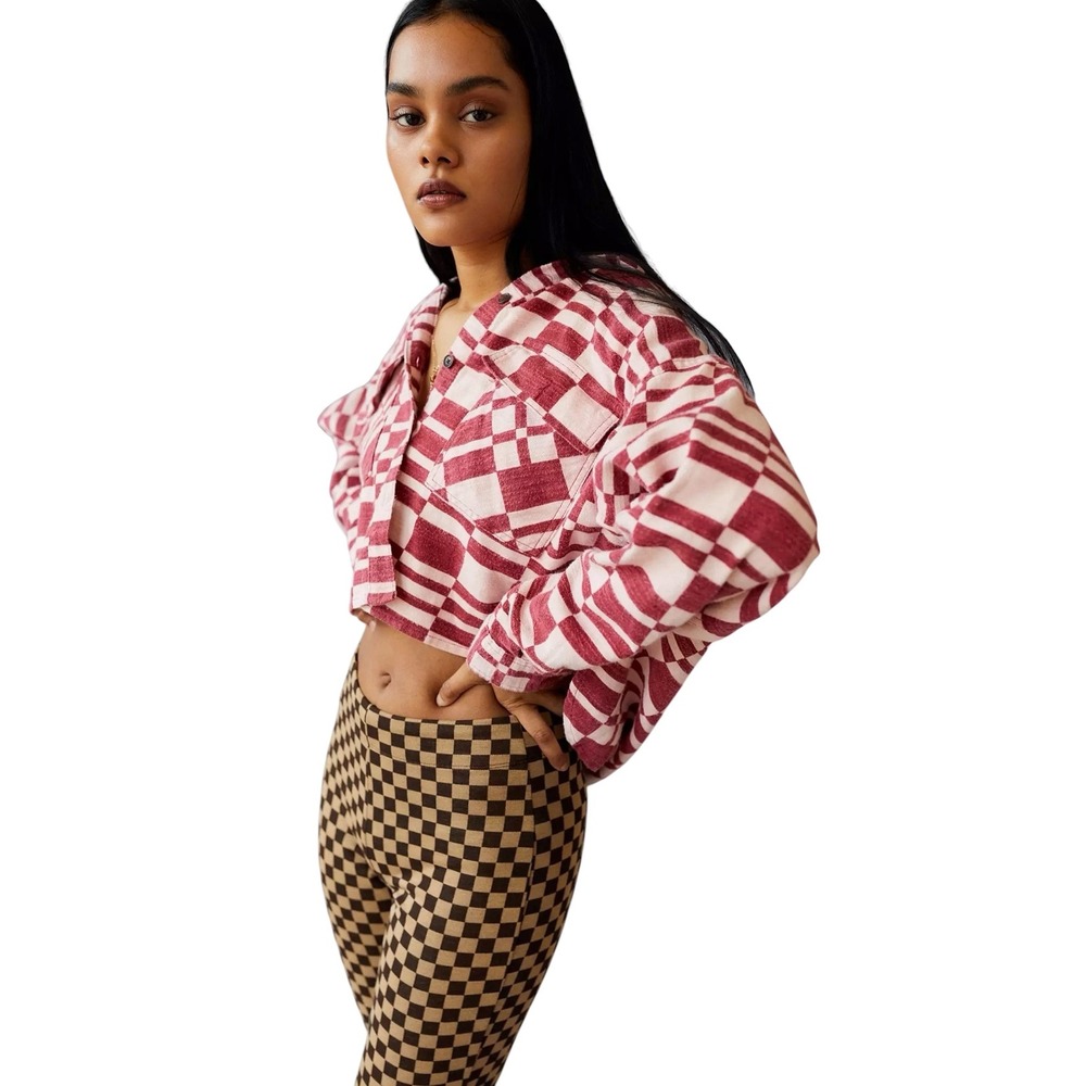 BDG Urban Outfitters Caleb Red Ivory Checkered Cropped Flannel Shirt ‎ Medium